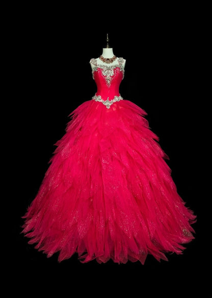 Vintage Ballkleid mit eckigem Ausschnitt, pinkfarbenem Tüll und mehreren Lagen, gestuftes Kleid für Sweet 16, Quinceañera, langes Kleid, Vestidos De Fiesta N1436