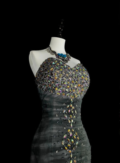 Vintage Ballkleider Ästhetik 1950er Jahre Retro Meerjungfrau Herz-Ausschnitt Grau Langes Partykleid N2022