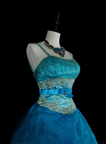 Robes de bal vintage pour le bal Bretelles spaghetti bleues avec perles Robe de soirée longue années 80 N2701