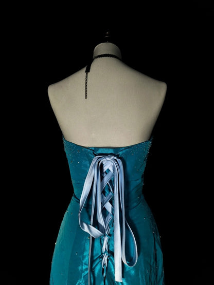 Robe de bal longue sirène vintage sans bretelles, années 2000, ornée de perles dorées, référence N1358