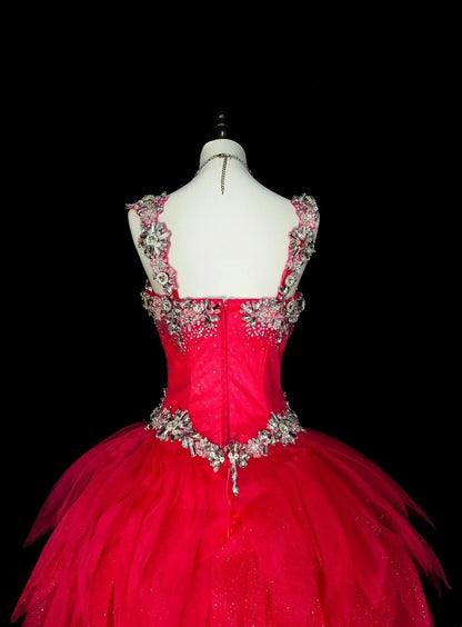 Vintage Ballkleid mit eckigem Ausschnitt, pinkfarbenem Tüll und mehreren Lagen, gestuftes Kleid für Sweet 16, Quinceañera, langes Kleid, Vestidos De Fiesta N1436