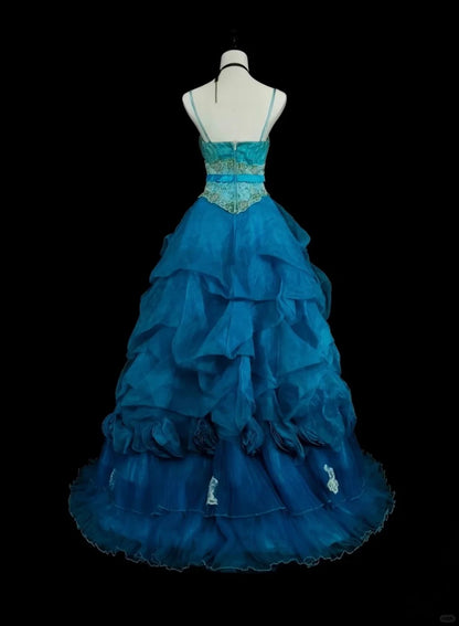 Robes de bal vintage pour le bal Bretelles spaghetti bleues avec perles Robe de soirée longue années 80 N2701
