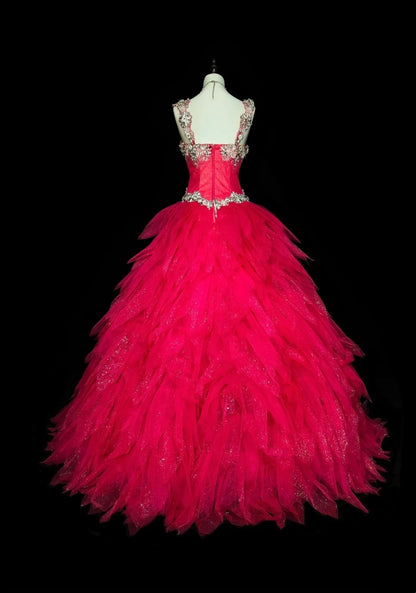 Vintage Ballkleid mit eckigem Ausschnitt, pinkfarbenem Tüll und mehreren Lagen, gestuftes Kleid für Sweet 16, Quinceañera, langes Kleid, Vestidos De Fiesta N1436