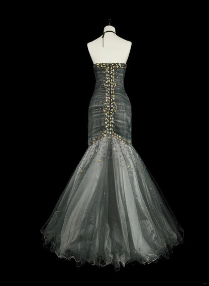 Vintage Ballkleider Ästhetik 1950er Jahre Retro Meerjungfrau Herz-Ausschnitt Grau Langes Partykleid N2022
