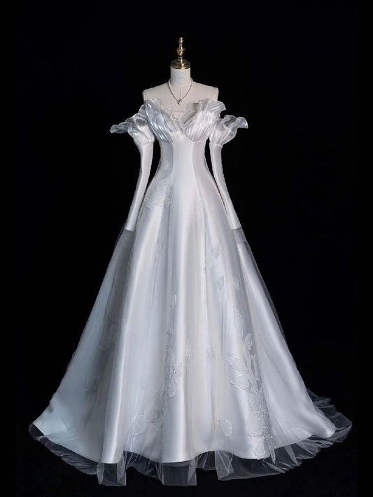 Wedding Gowns Dresses Elegant Modest for Bride Ball Gown Off The Shoulder With Long Sleeves Satin Petite/Plus Size Bridal Gowns For Women's AB1502