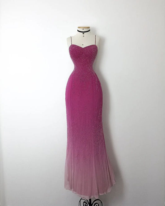 Sparkle Mermaid Spaghetti Strap Hot Pink Sequins With Beads Long Prom Dresses Formal Gown Inspo Evening Outfit AB785