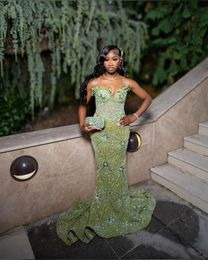 Robe de soirée longue sirène verte, robe de bal brillante, inspiration robes de fête, robe de princesse formelle N779