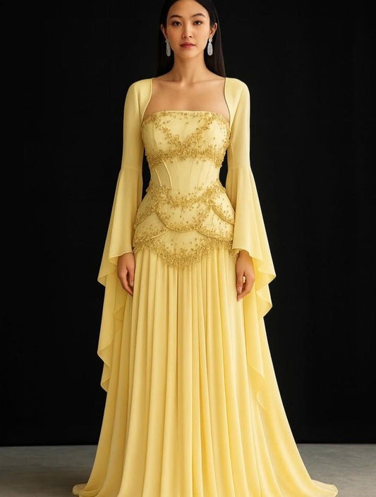 Pretty Mermaid Strapless Maxi Long Party Yellow Chiffon Prom Dresses Evening Dress RB1595