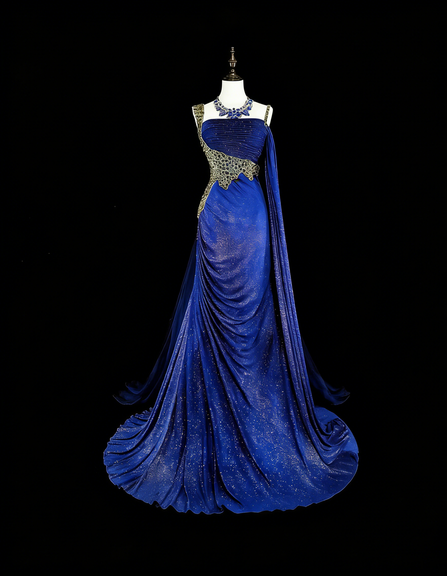 Vintage 1980s Mermaid One Shoulder Royal Blue Satin With Beaded Long Prom Formal Dresses N1607