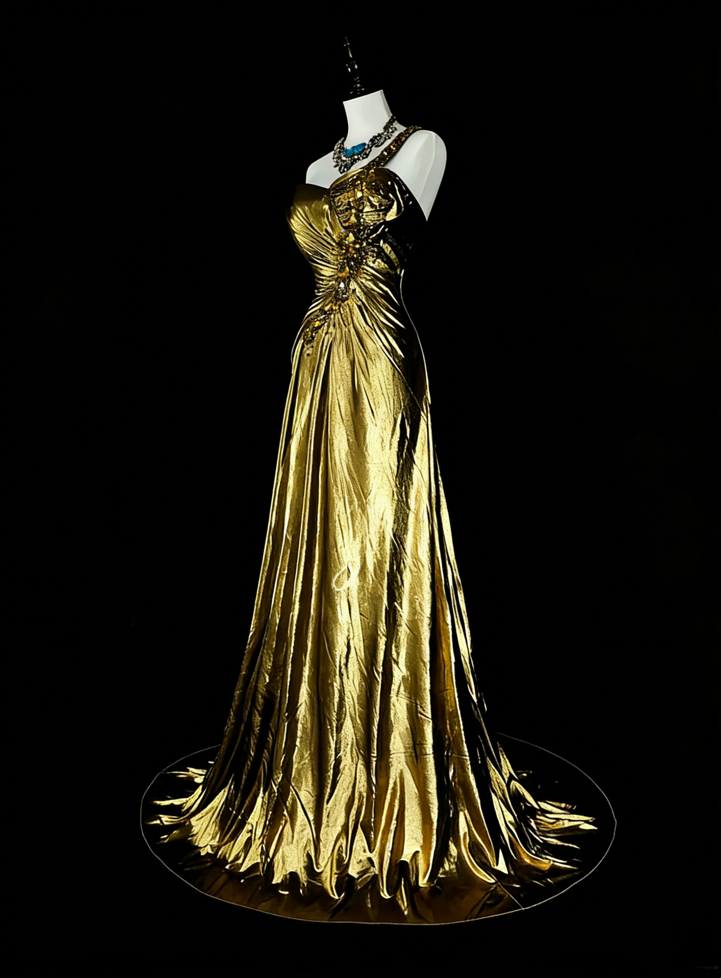 Vintage A-Linien-Abendkleid mit One-Shoulder-Schnitt, goldfarbenen Falten und ärmellosem Rock im 80er-Jahre-Stil, langes formelles Abendkleid N1469