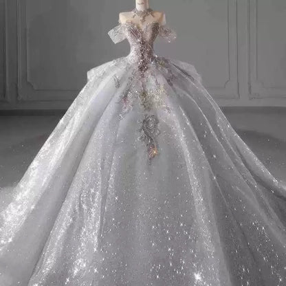 Robe de mariée longue à paillettes, épaules dénudées, manches courtes, blanche et argentée, avec perles, idée de robe de mariée DH2899