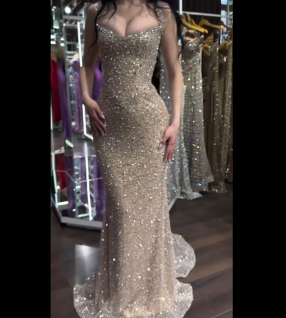 Sparkly Mermaid Square Neck Sequin Champagne Prom Dresses Party Dress 18th Birthday Outfits Graduation Dress RB1453