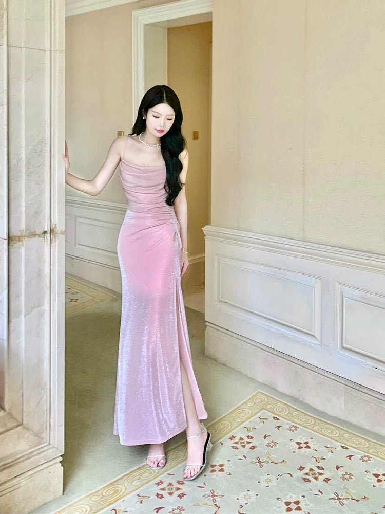 Elegantes, pinkfarbenes Pailletten-Abendkleid im Meerjungfrauenstil mit Spaghettiträgern und Schlitz – perfekt für Highschool-Teenager, Abschlussball oder Tanzabend (N016)