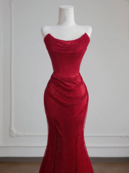 Sparkly Mermaid Sweetheart Red Sequined Formal Evening Dress Gowns Long Prom Dresses N728
