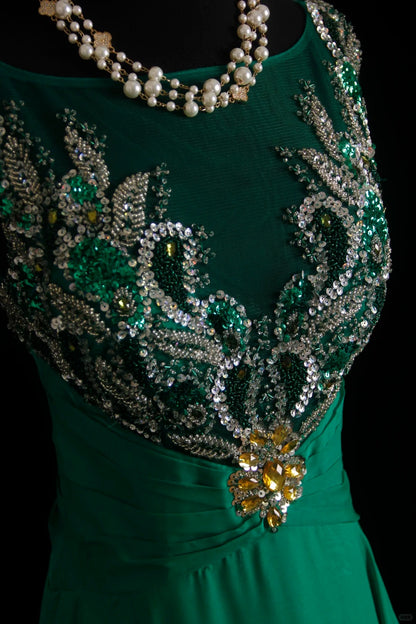 Vintage Prom Dresses 80s A Line Scoop Dark Green Chiffon Long With Silver Beading Evening Formal Outfits RB5132