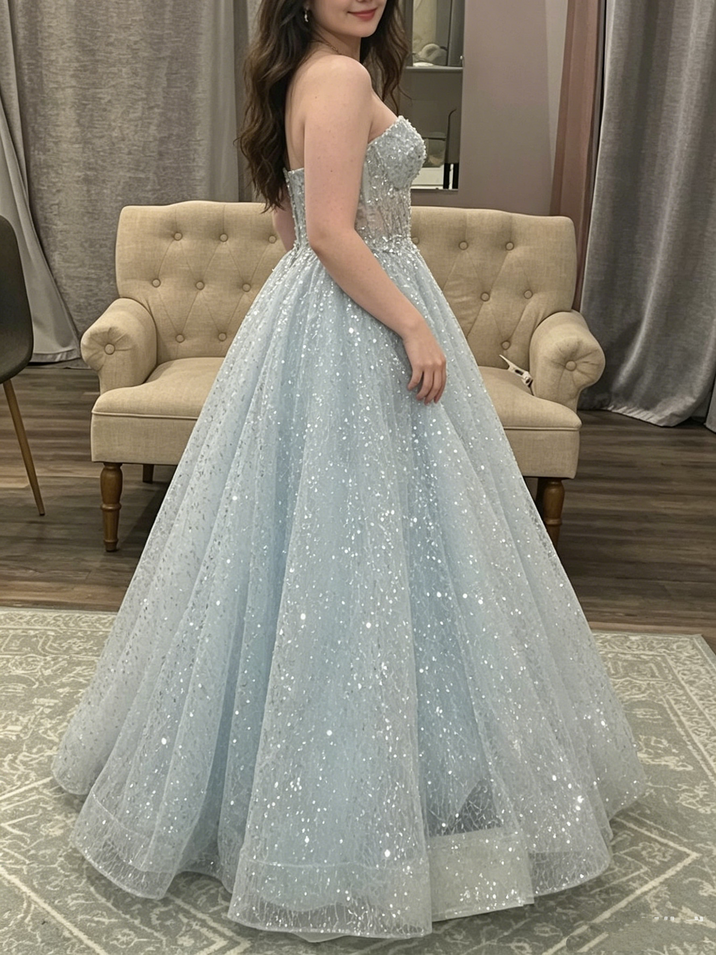 Glitzerndes Ballkleid mit Herzausschnitt und Pailletten, hellhimmelblau, Ballkleider, Inspiration, Ballkleid, Prinzessin, Abschlusskleid B301