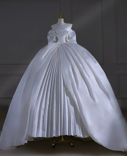 Timeless Wedding Dresses Ball Gown Strapless Satin Sleeves Pleated Brides Dress With Train Corset Fitted Long Bridal Gowns AB2475