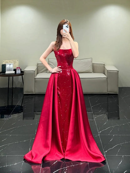 Robe de bal longue sirène modeste à épaules dénudées, sequins rouge bordeaux, volants et fente, N598