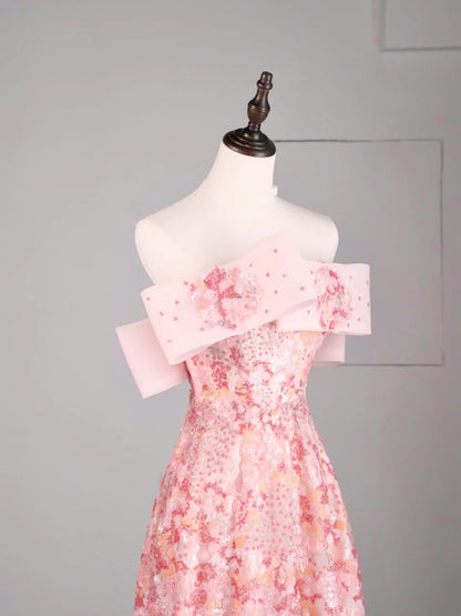 Elegantes, schulterfreies, langes, pinkfarbenes Pailletten-Abendkleid in A-Linie für Teenager, formelles Abendkleid N1079