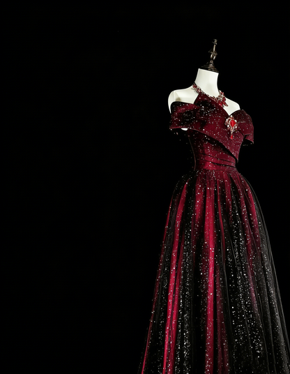 Robes de Bal Rêveuses Vintage Années 90 Rétro Épaules Dénudées Coupe Évasée Bordeaux Noir Longues Tenues de Soirée N2374