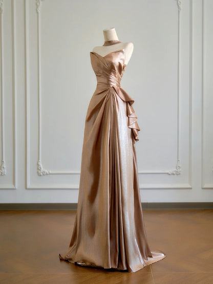Robe de bal longue de soirée, coupe trapèze, décolleté cœur, couleur champagne avec fente, idéale pour les fêtes d'anniversaire (N375)