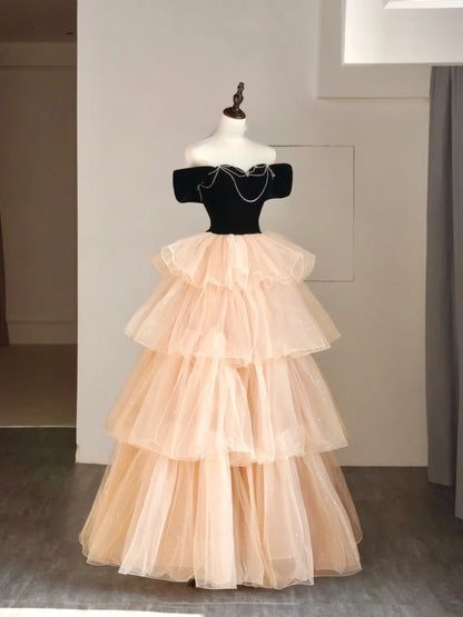 Prinzessinnen-Ballkleid, schulterfrei, Tüll, Champagner, formelles Outfit für College, Abschlussball, Abschlusskleid für Teenager N1348