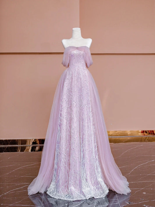 Sparkly A line Off The Shoulder Pink Sequined With Short Sleeves Formal Evening Dress Gowns Long Prom Dresses N723