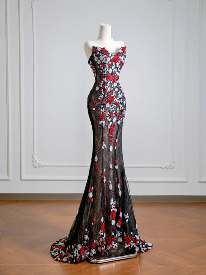 Robe de bal longue sirène en tulle noir avec décolleté cœur et appliques, idéale pour un 18e anniversaire (N344)