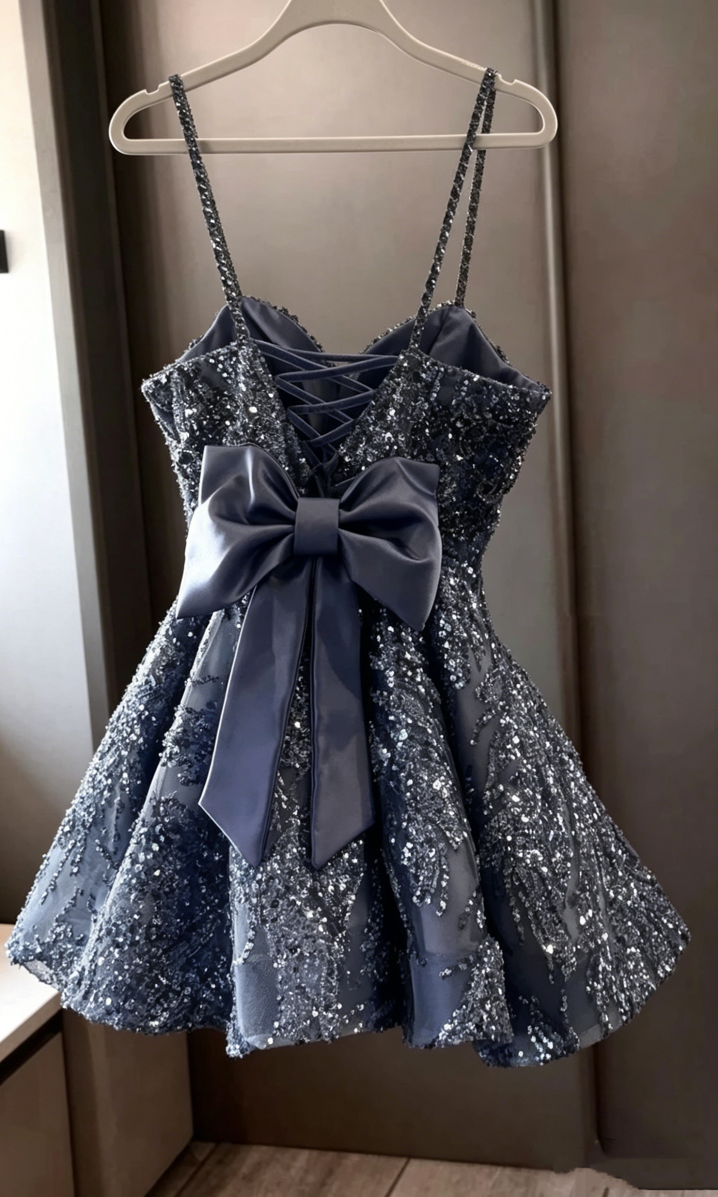 Robe de bal élégante à bretelles fines bleu poudré à paillettes courte mini lycéenne épater inspo robe de remise des diplômes robes de bal RB3322