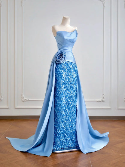 Luxuriöses, trägerloses Meerjungfrauen-Abendkleid aus blauem Satin mit Pailletten, langes formelles Abendkleid für Geburtstagsfeiern N381