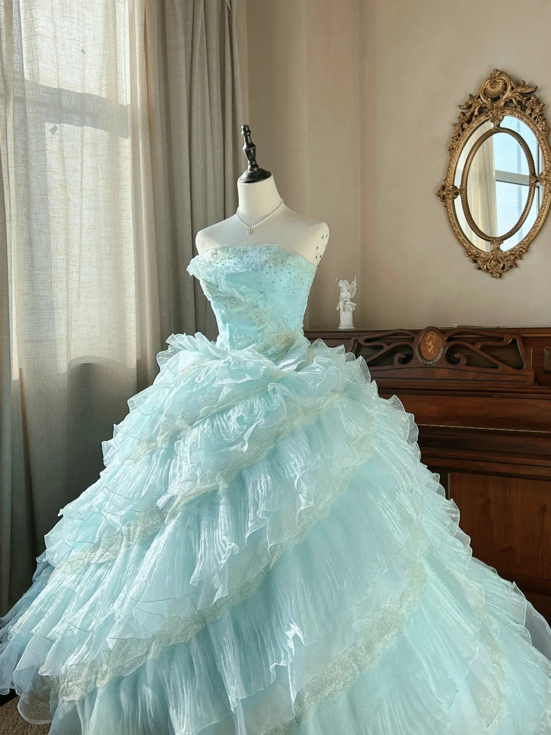 Süßes ballkleid trägerlos hellblau mit gestuften Lagen Sweet 16 Kleider Lang 15 Vestidos De Fiesta N2268