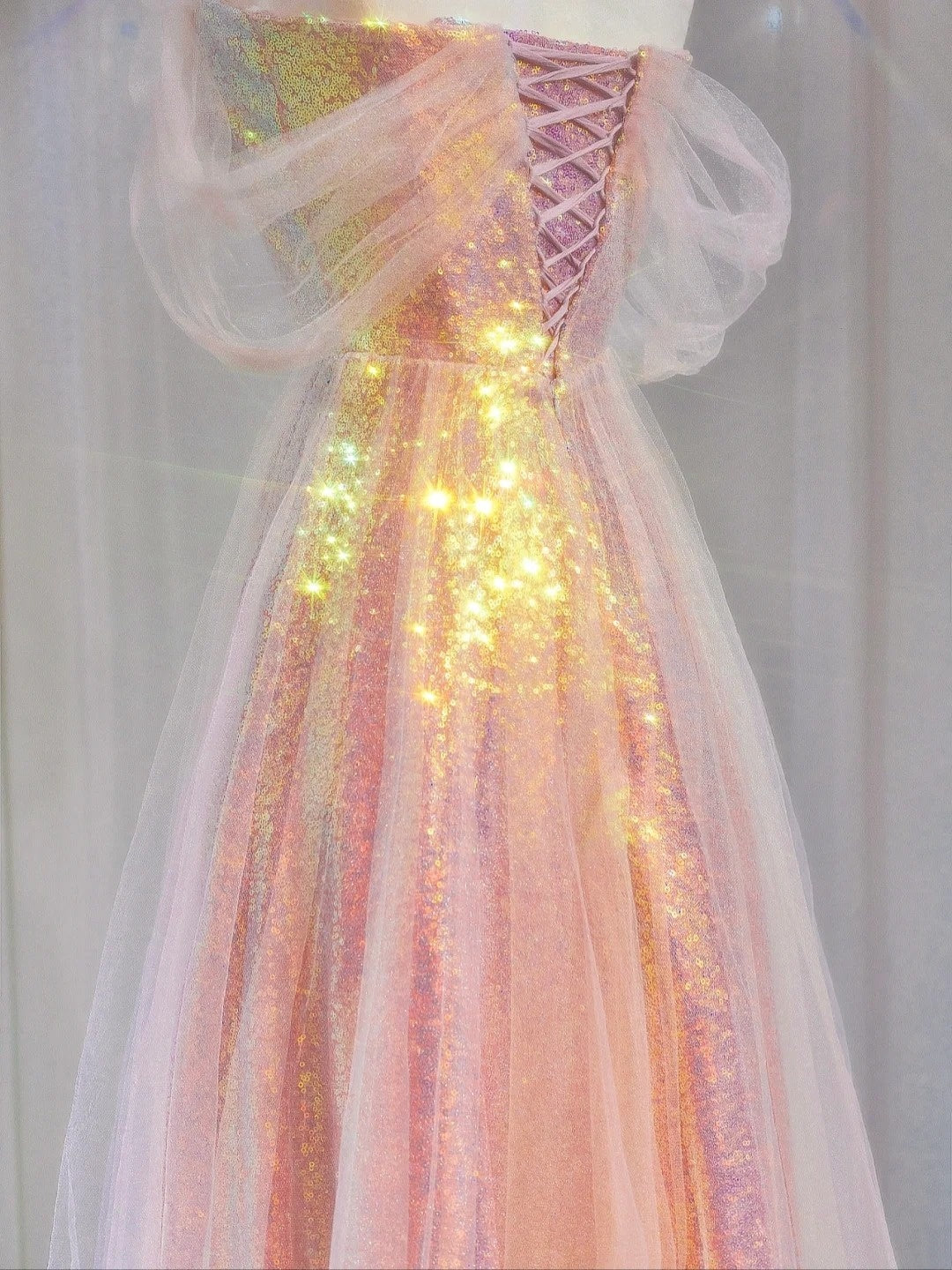 Wunderschönes, schulterfreies, pinkfarbenes Paillettenkleid in A-Linie mit kurzen Ärmeln, formelles Abendkleid, langes Ballkleid N721