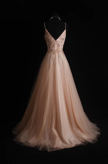 Retro-A-Linien-Abendkleid mit Spaghettiträgern in zartem Rosa im 90er-Jahre-Stil aus Tüll – Inspiration für Outfits zum 18. Geburtstag – Festliches Kleid N490