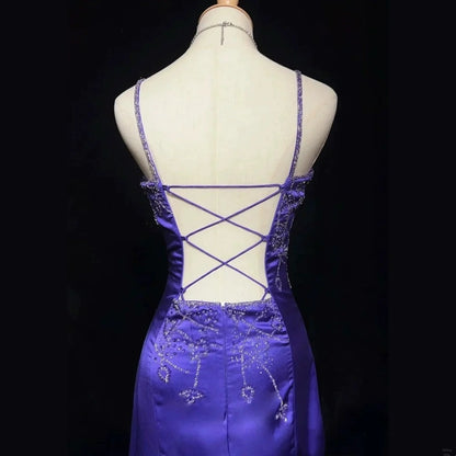 Robe de bal longue sirène élégante à fines bretelles en satin couleur raisin - N767