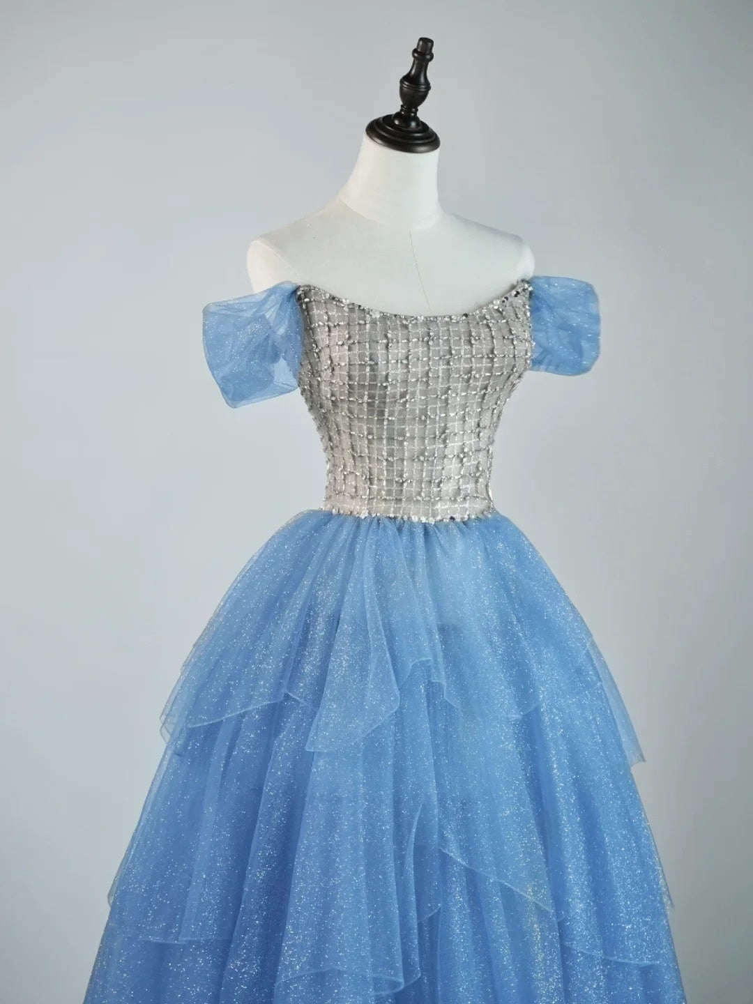 Prinzessinnen-Ballkleid, schulterfrei, Tüll, blau, formelles Outfit für College, Abschlussball, Mädchen-Abschlussball N1347