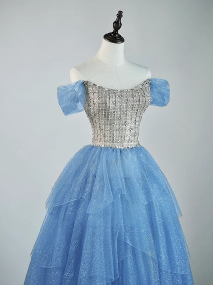 Prinzessinnen-Ballkleid, schulterfrei, Tüll, blau, formelles Outfit für College, Abschlussball, Mädchen-Abschlussball N1347
