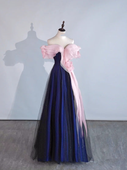 Modest Night Aesthetic Ball Gown Off The Shoulder Blue Pink Tulle College Formal Sweet 16 Outfit Long Prom Dresses For Teens N1164