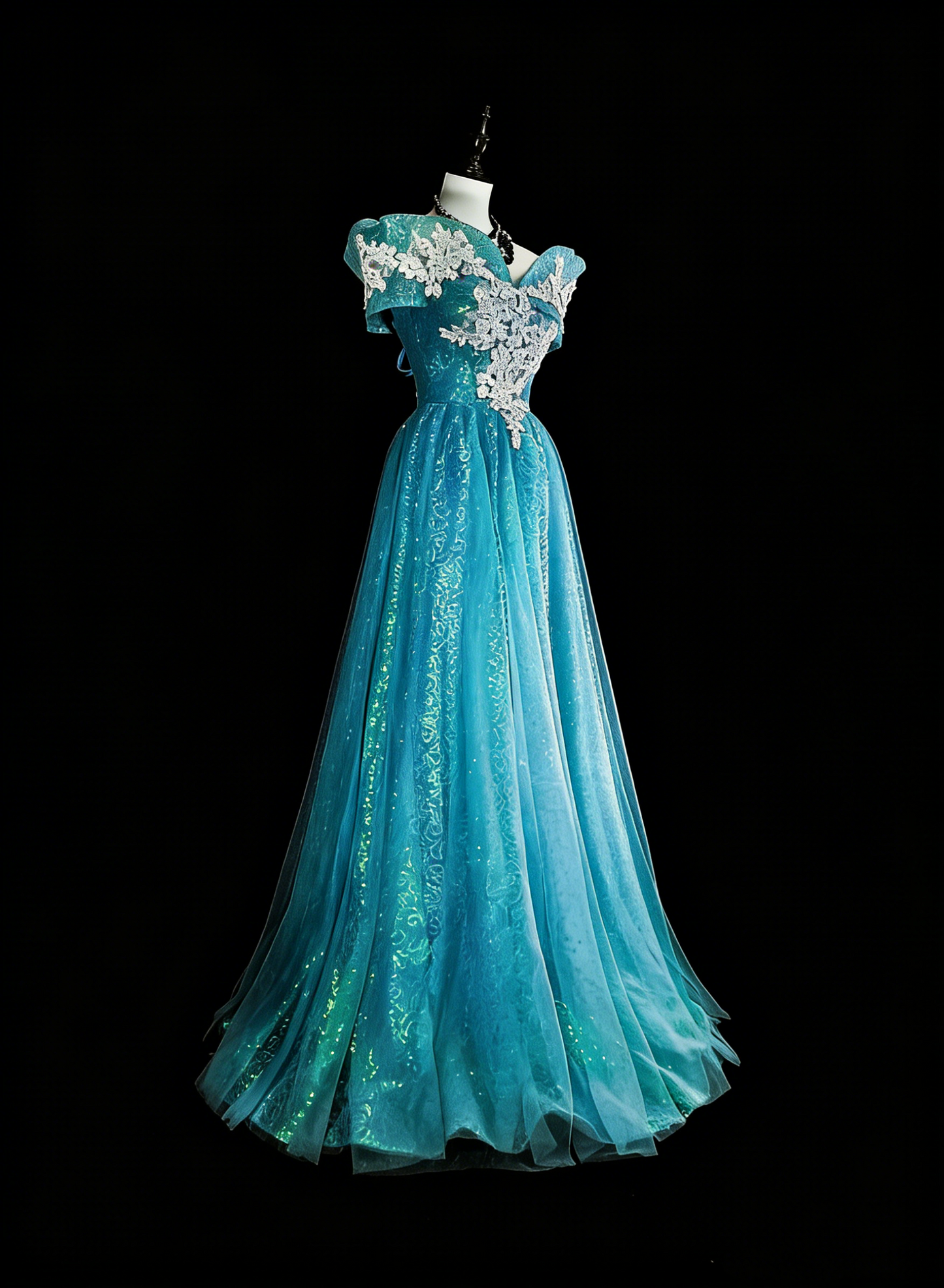 Robes de bal de rêve Esthétique rétro années 80 Épaules dénudées Tulle bleu clair Dentelle Tenues de soirée longues N2364