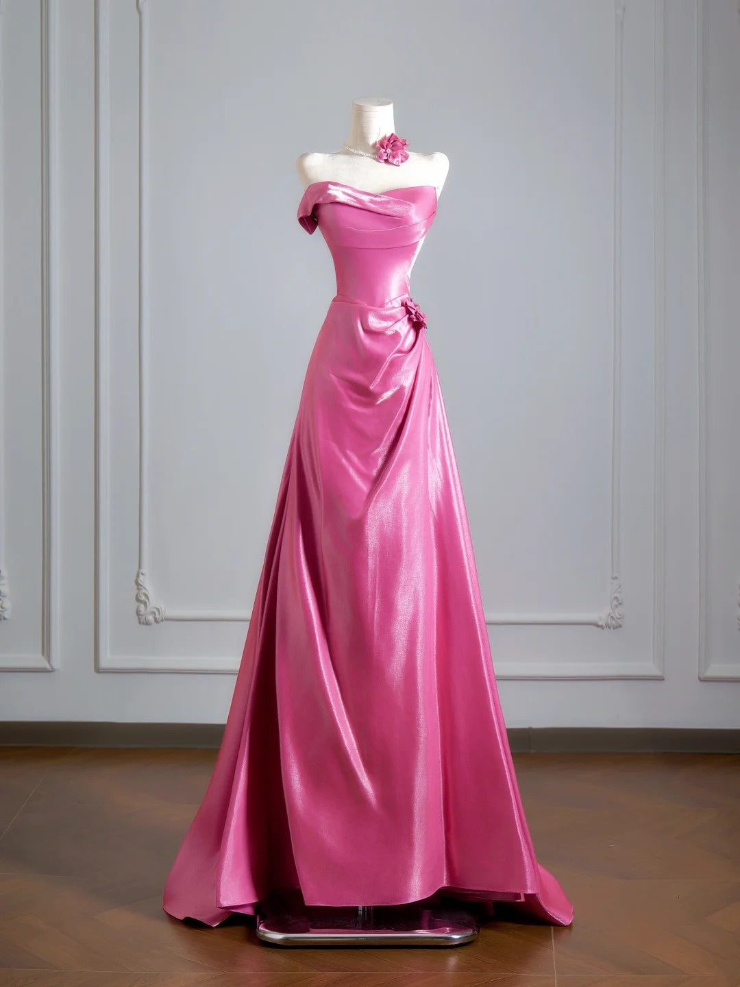 Zeitloses, trägerloses, langes, rosafarbenes A-Linien-Abendkleid mit Raffungen – Inspiration für Partys und Ballkleider N305