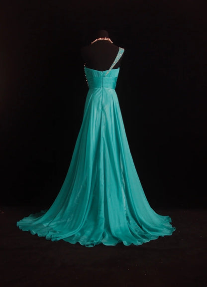 Vintage Prom Dresses A line One Shoulder Green Sleeveless With Beaded 80s Chiffon Evening Formal Dress RB3266