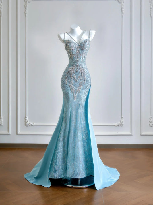 Luxuriöses Meerjungfrauen-Abendkleid mit Spaghettiträgern, blau mit silbernen Perlen, langes formelles Abendkleid für Geburtstagsfeiern, N380