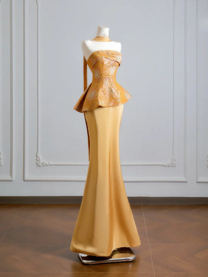 Robe de bal longue sirène romantique dorée sans bretelles avec foulard, idéale pour un 18e anniversaire (N398)