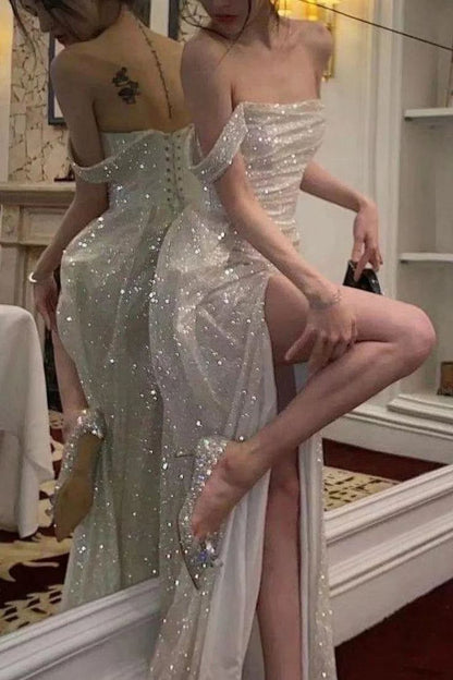Glänzende schulterfreie Ballkleider, langes formelles Abendkleid mit hohem Schlitz, Partykleider N341