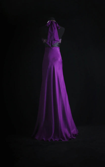 Robe de bal rétro trapèze dos nu en mousseline de soie couleur raisin avec perles, inspiration robe de princesse N774