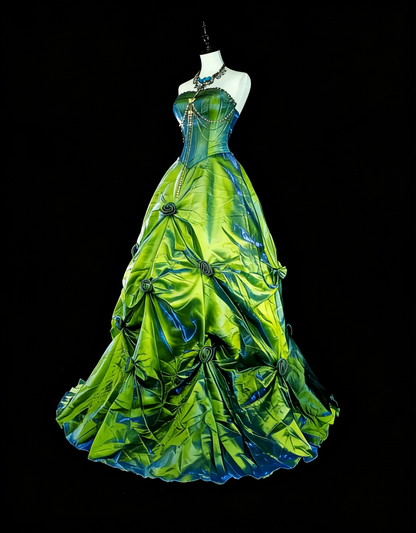 Vintage Ballkleid, trägerlos, grünem Taft mit Rüschen, 1980er Jahre langes Abendkleid N2714