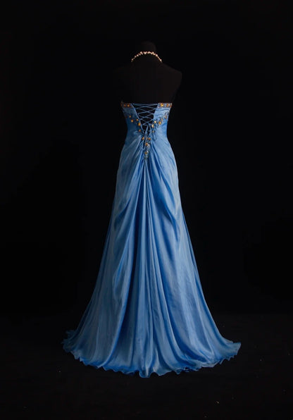 Vintage Ballkleider Meerjungfrau Sweetheart Blau Chiffon 80er Jahre Mit Rüschen Goldperlen Lang Formelle Abendgarderobe N4215
