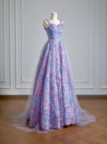 Prinzessinnen-A-Linien-Abendkleid mit Spaghettiträgern, lila Tüll, Blumenmuster, langes formelles Abendkleid mit Schal, Partykleid N347