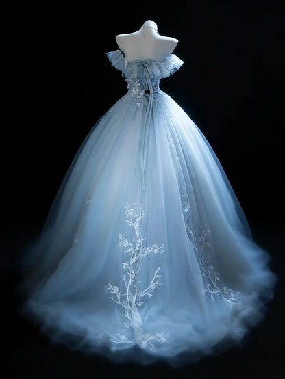 Robes de bal de promo modestes sans bretelles en tulle bleu ciel avec applications longue robe de Quinceanera N3052
