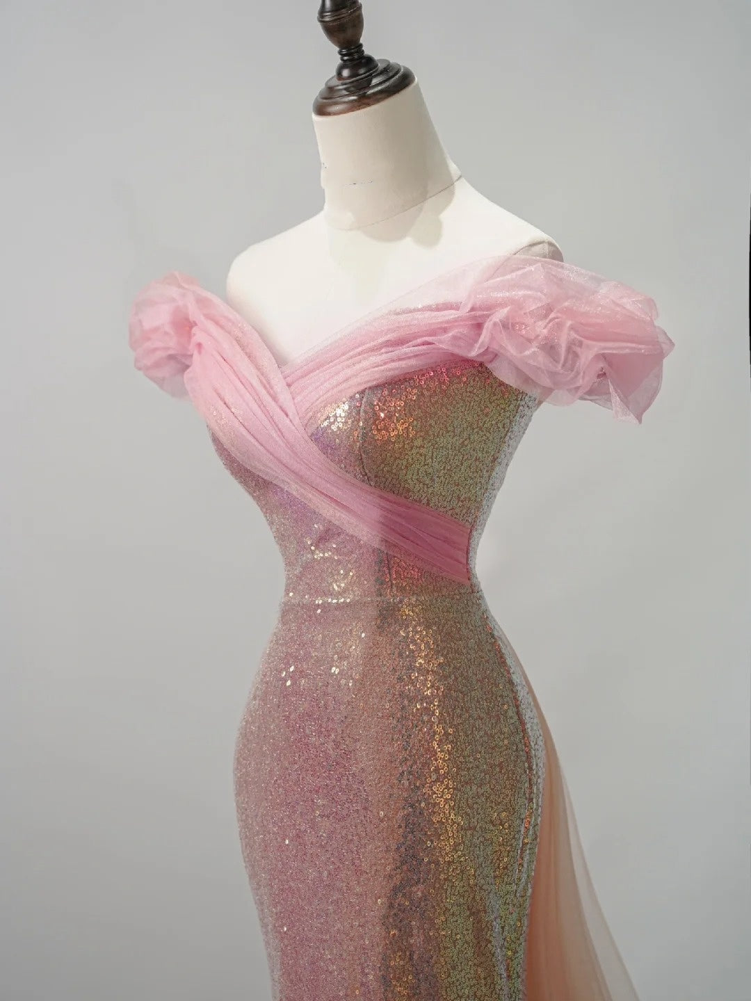 Sparkly Mermaid Off The Shoulder Pink Sequin Short Sleeves Long Prom Dresses Formal Gowns Evening Dress N682