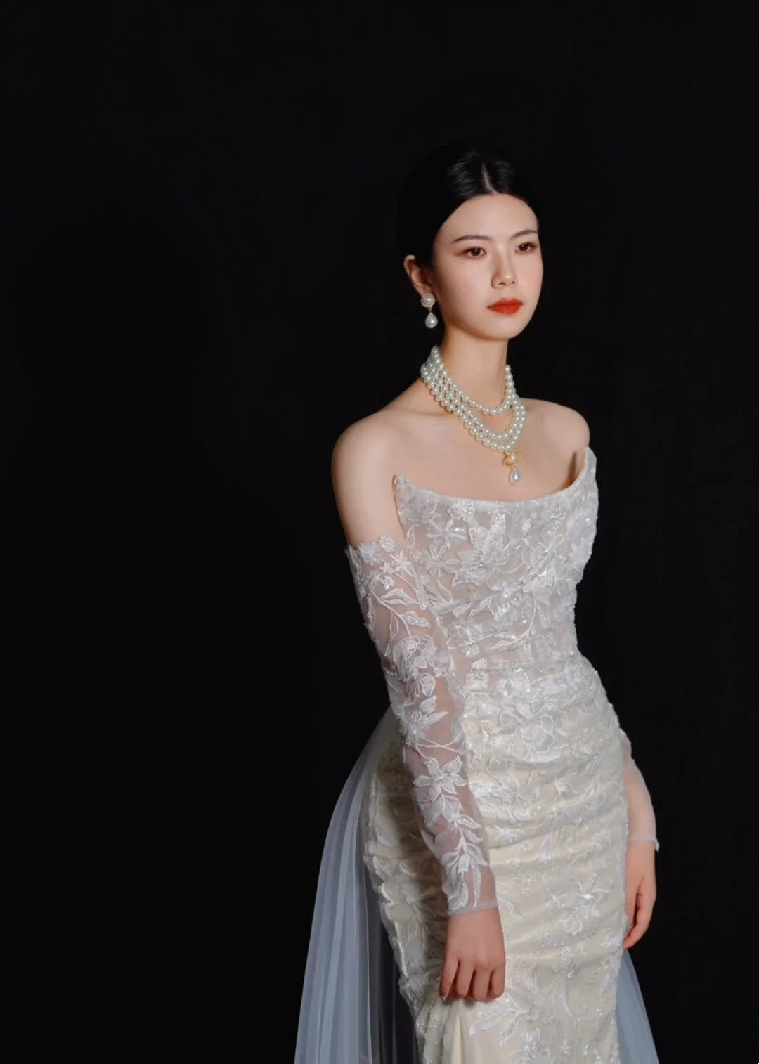 Robe de mariée longue et romantique blanche sirène sans bretelles en dentelle, avec traîne, AB2474